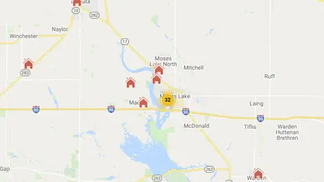 Map showing multiple restaurant locations clustered around a central town area.