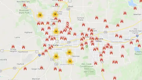 Map showing locations marked with red and yellow symbols.