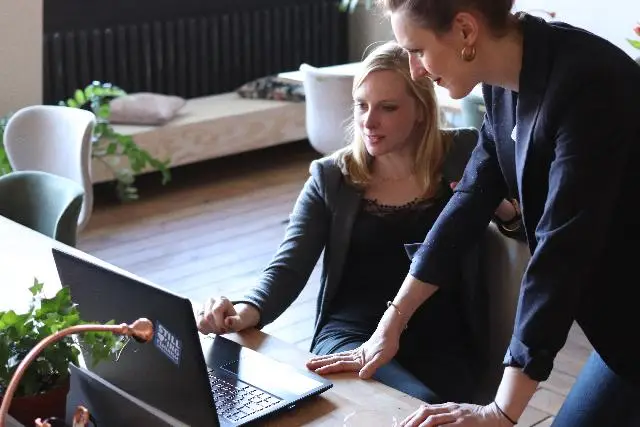 Two colleagues collaborating over a laptop in a modern workspace.