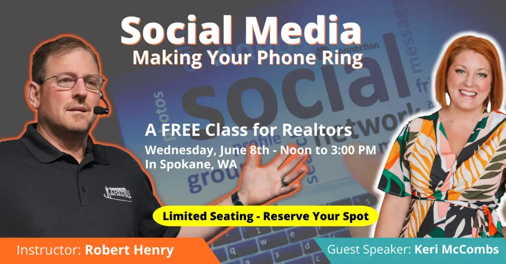 Flyer for a free social media class for realtors in Spokane, WA.