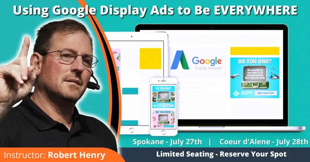 A man presenting about Google Display Ads with a slide on screen.