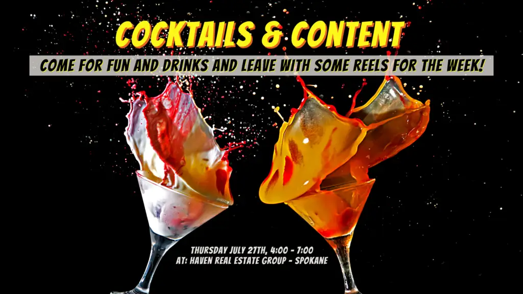 Vibrant splash of cocktails with bold text promoting a show on drinks and reels.