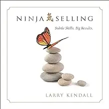 Cover of 'Ninja Selling' book with stacked stones and a butterfly.