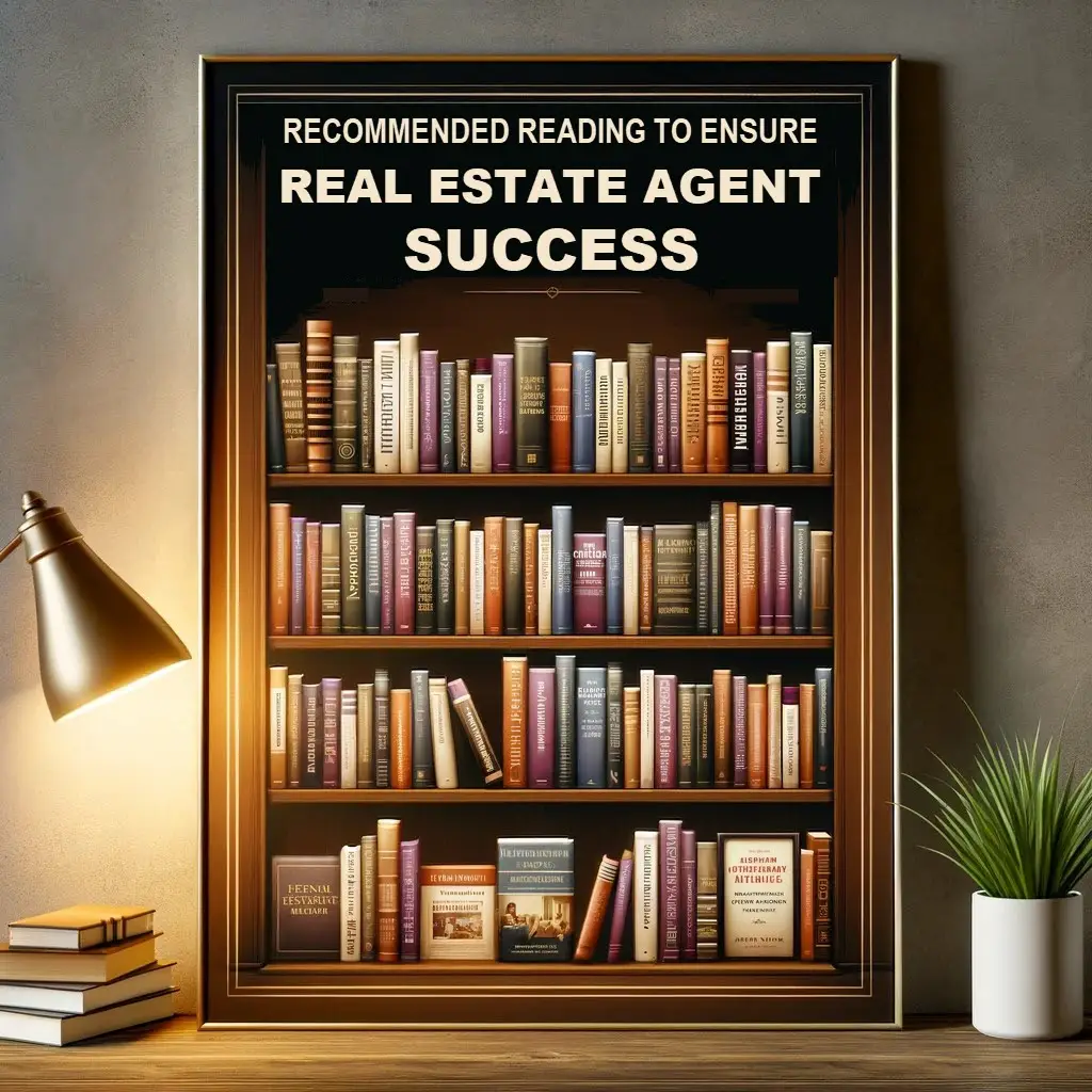 A bookshelf with a sign about real estate agent success.