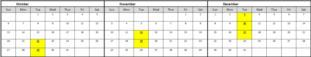 Calendar showing highlighted dates on Tuesday the 12th and 19th.
